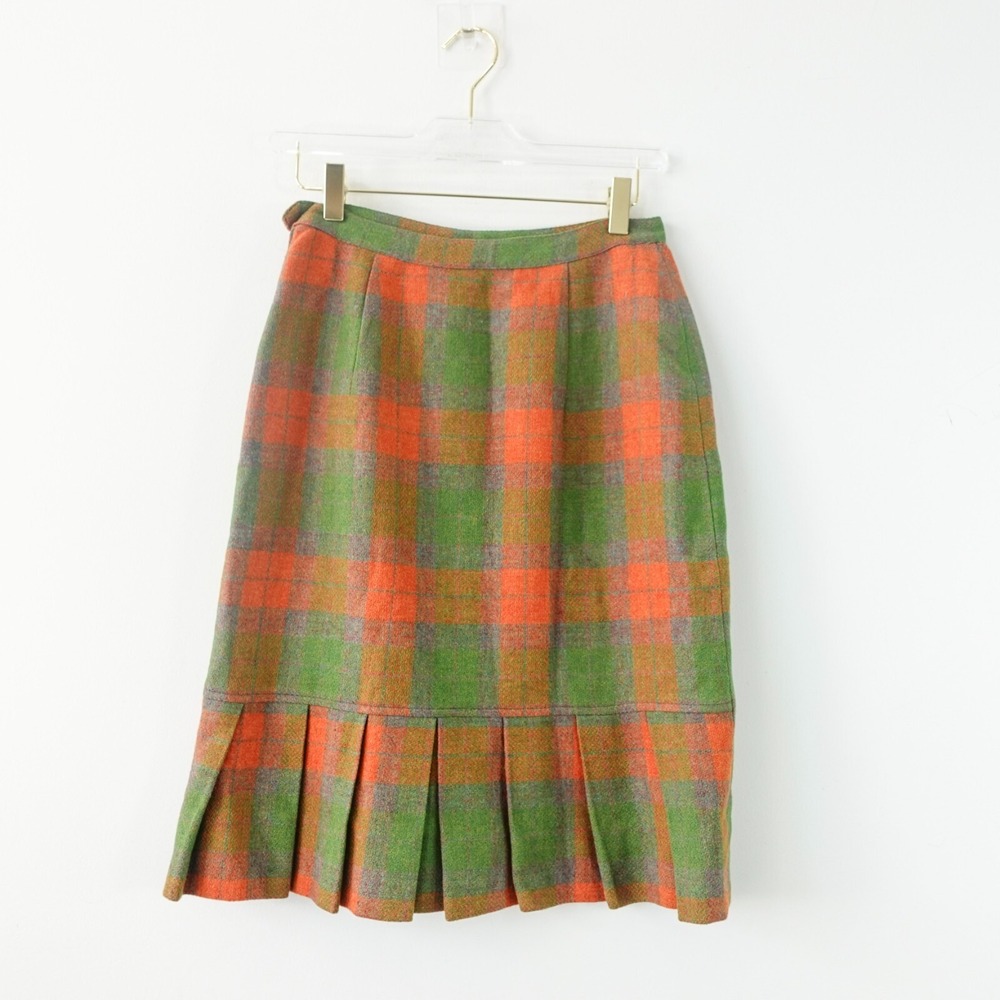50s Vintage Brown Academia Plaid Skirt XS Tartan Flounce Scottish Edwardian